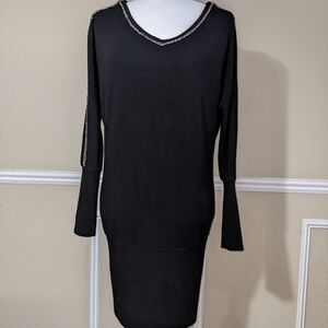 Silver Sparkle Bead Neckline with Sleeve Detail Long Sleeve V Neck Black Dress
